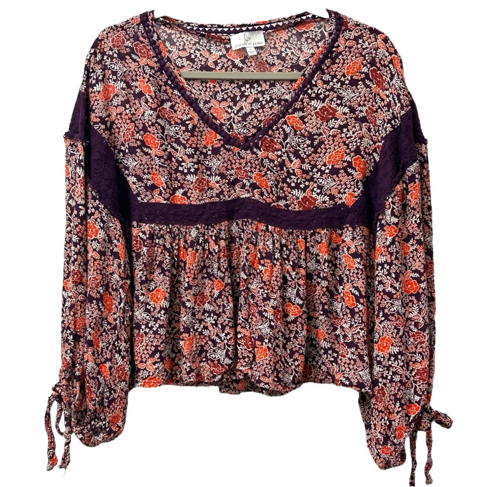 Patrons of Peace Women’s Floral‎ Oversized Boho V Neck Blouse   Sz L